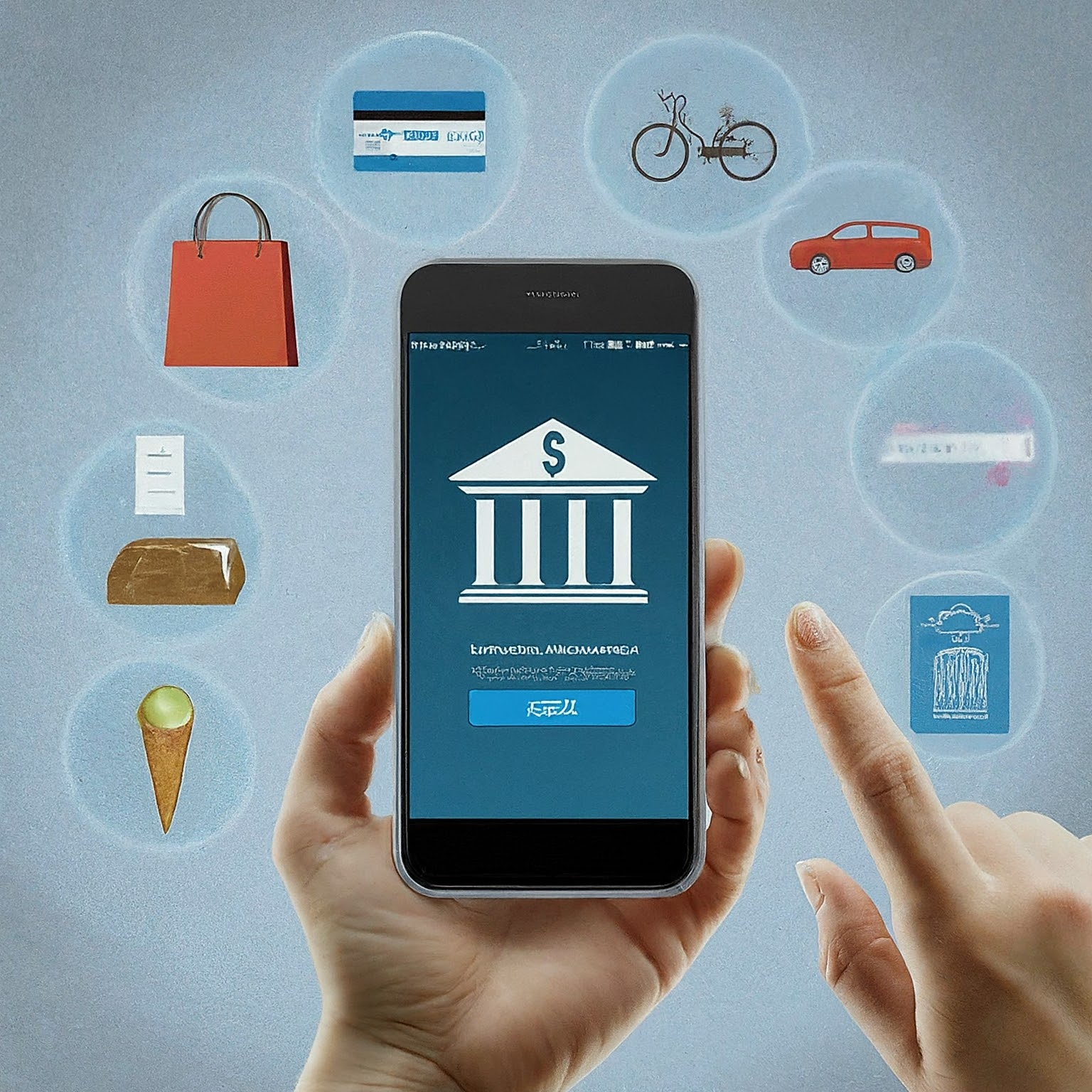 The image represents online banking services via mobile app