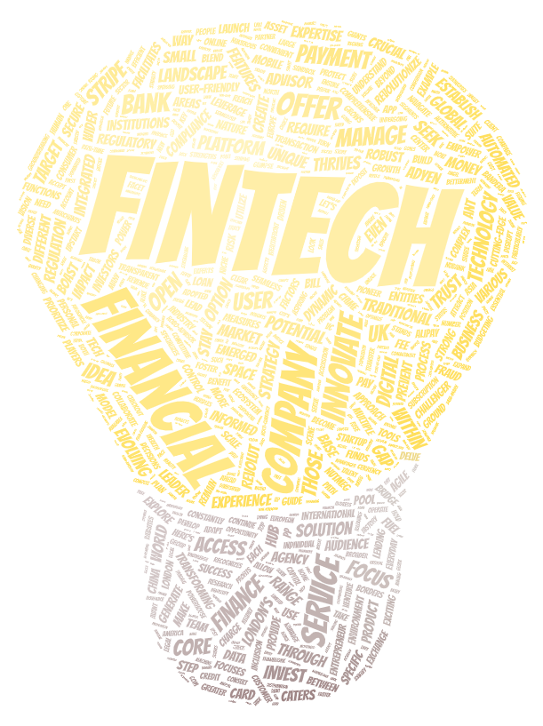 The Rise of Fintech Startups: A Comprehensive Guide for Aspiring Entrepreneurs The image depicts a word cloud in the shape of lamp bulb with key phrases related to fintech