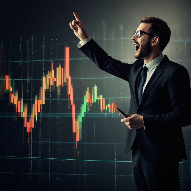 A person celebrating success, with a background graphic of a stock market chart showing upward growth.