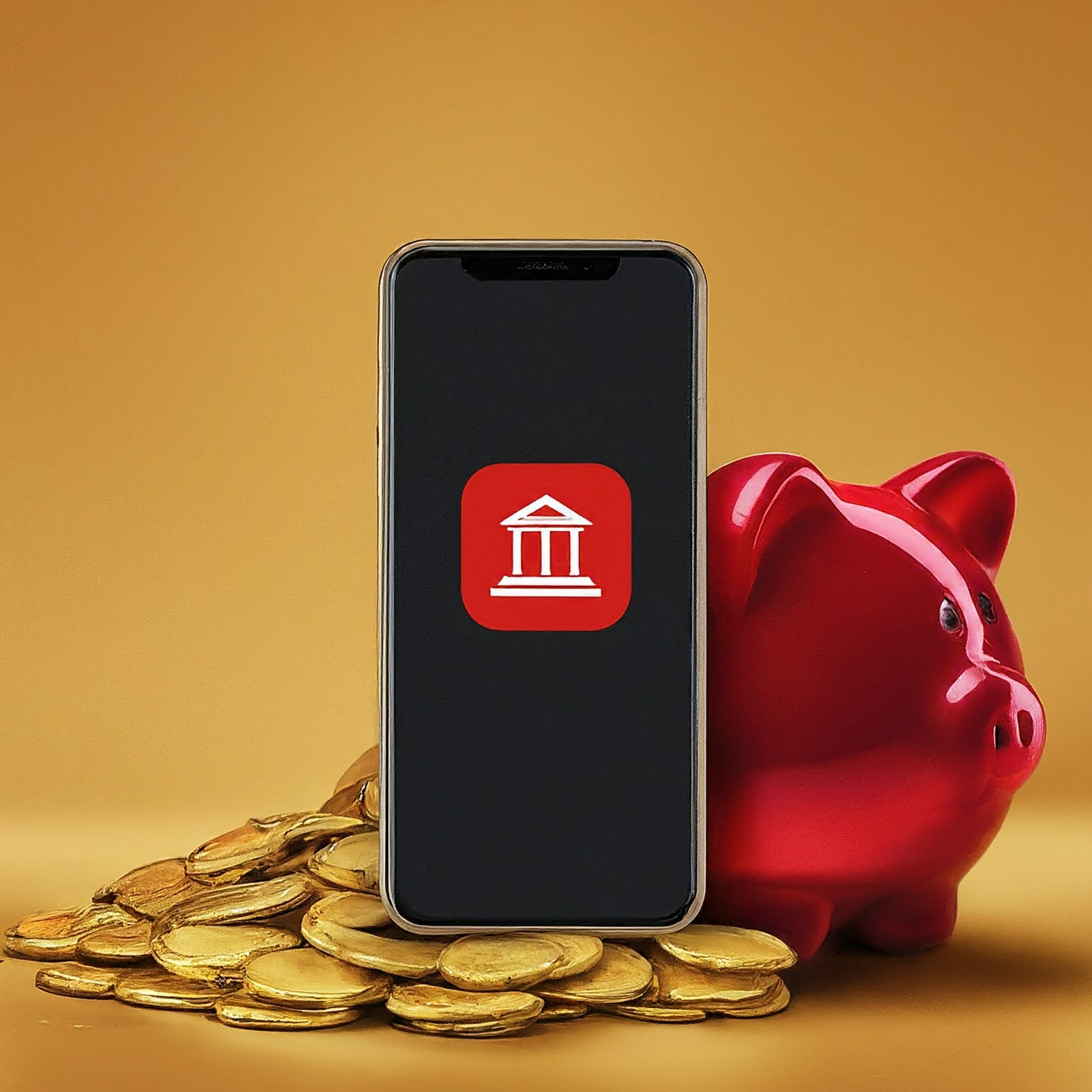 Mastering Your Money in the Digital Age: Finding the Best Banking App for You Close-up of a black smartphone displaying a bank app icon. A red piggy bank sits beside the phone. This image symbolizes saving money through mobile banking features.
