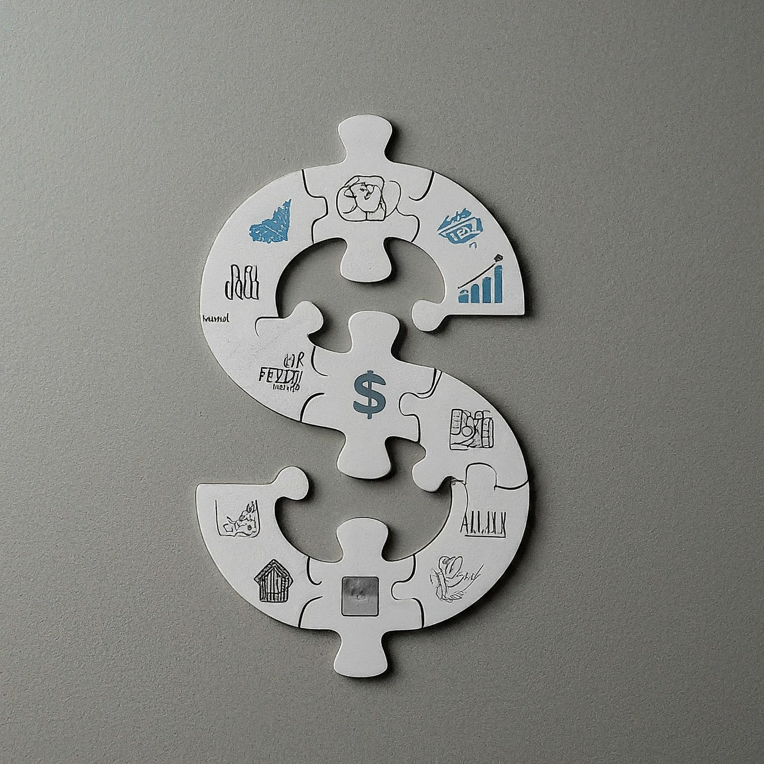 Interlocking puzzle pieces with modern icons depicting online banking features like ATM access, interest rates, and security. Together, they form a dollar sign.