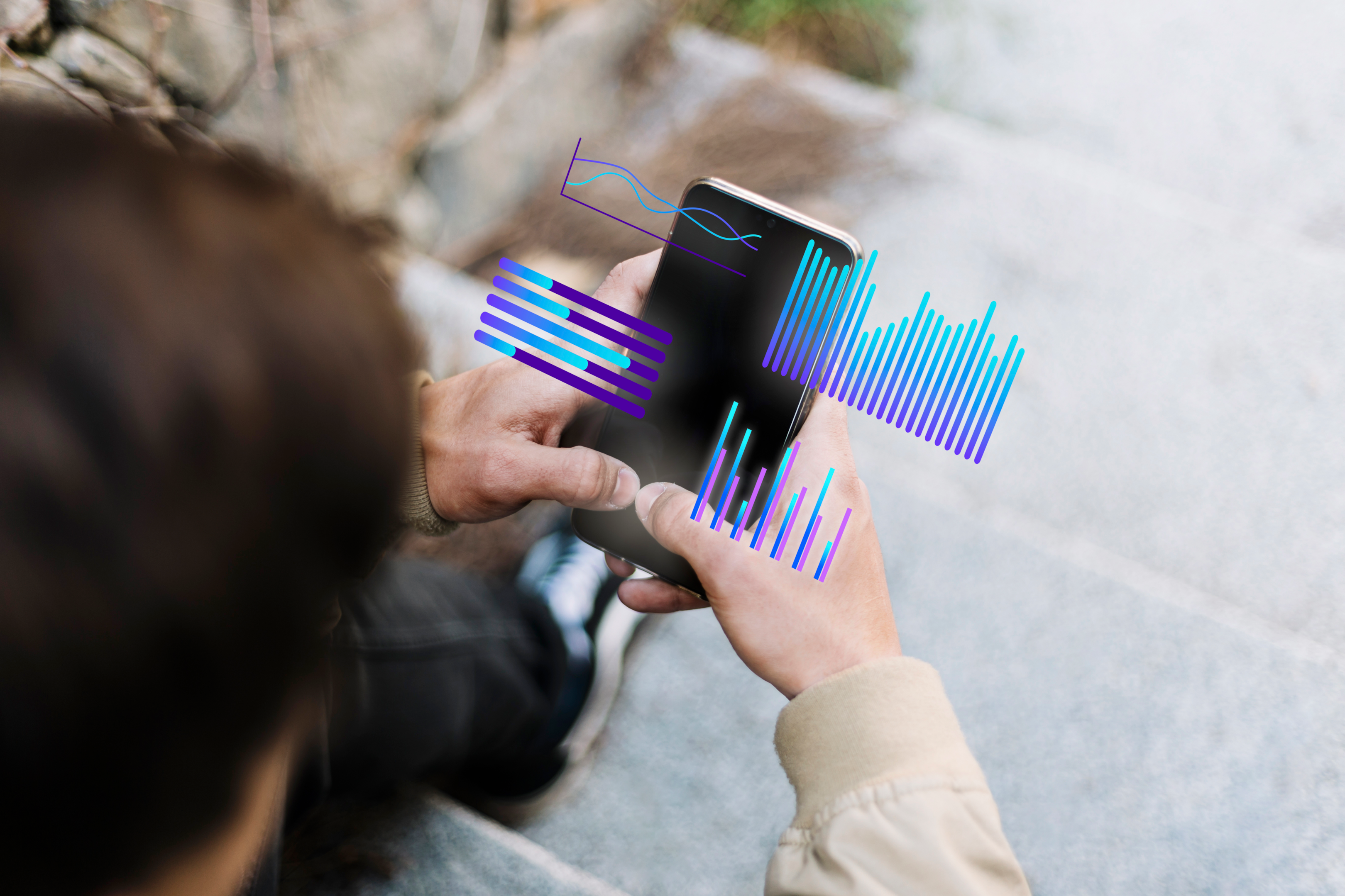 The image depicts a user speaking a question into a smartphone.