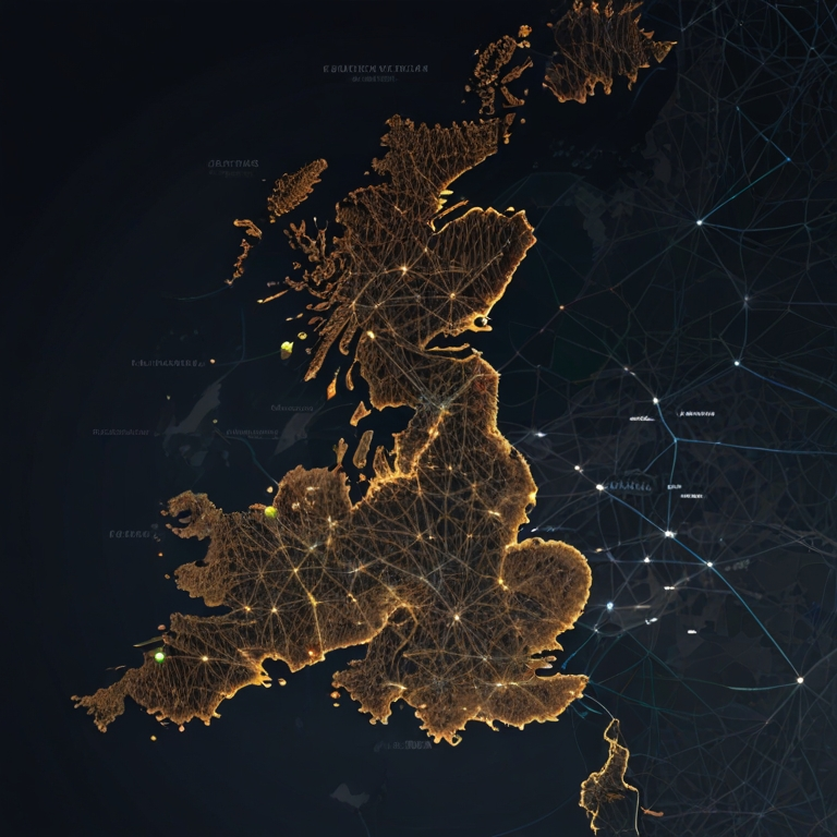 A map of the United Kingdom with major cities highlighted in bold. Lines and connections radiate outwards from these cities, symbolizing the interconnectedness and far-reaching influence of the UK's Fintech ecosystem.