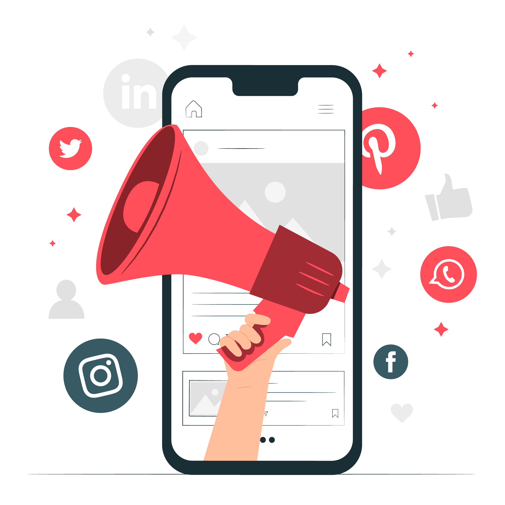 Unleashing Irresistible Fintech Content Marketing | Bandera Agency The image represents a megaphone emerging from a mobile phone, symbolizing the content marketing efforts on social media platforms.