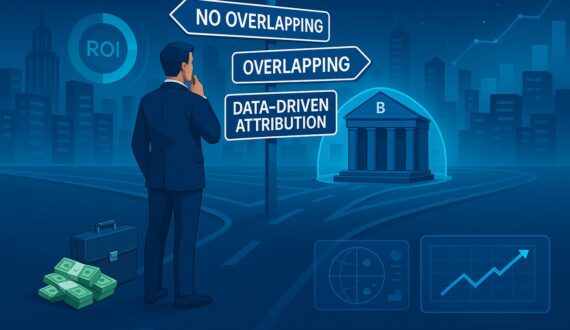 Businessman choosing marketing attribution models with budget briefcase and futuristic city data visualization