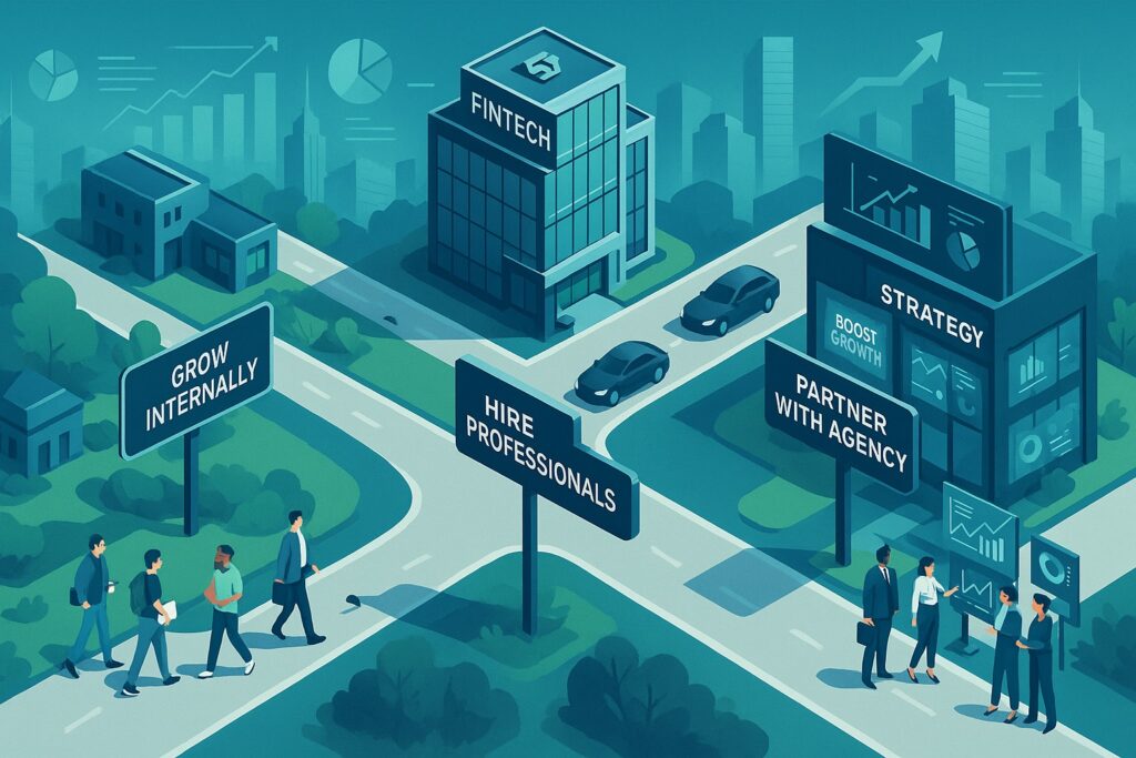 Three Strategies for Building a Marketing Team for Fintech: When and Which to Choose Fintech marketing team strategy crossroads illustration with three diverging roads