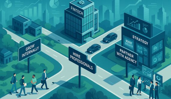 Fintech marketing team strategy crossroads illustration with three diverging roads
