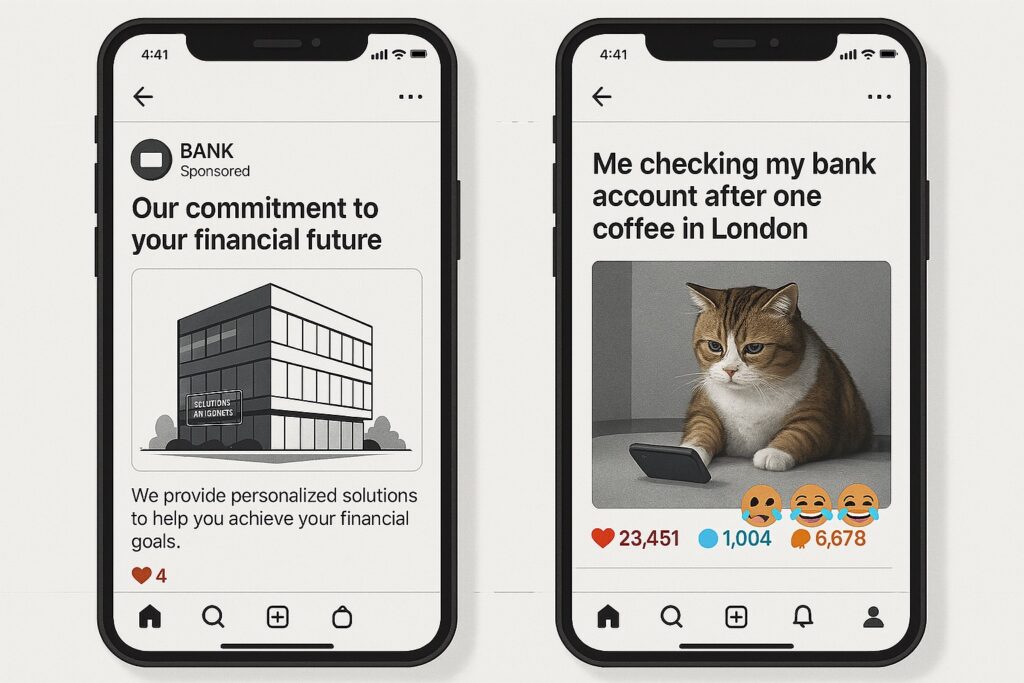 The Meme Economy: Why Financial Firms Are Embracing Low-Fidelity Humour meme ad vs traditional fintech ad engagement