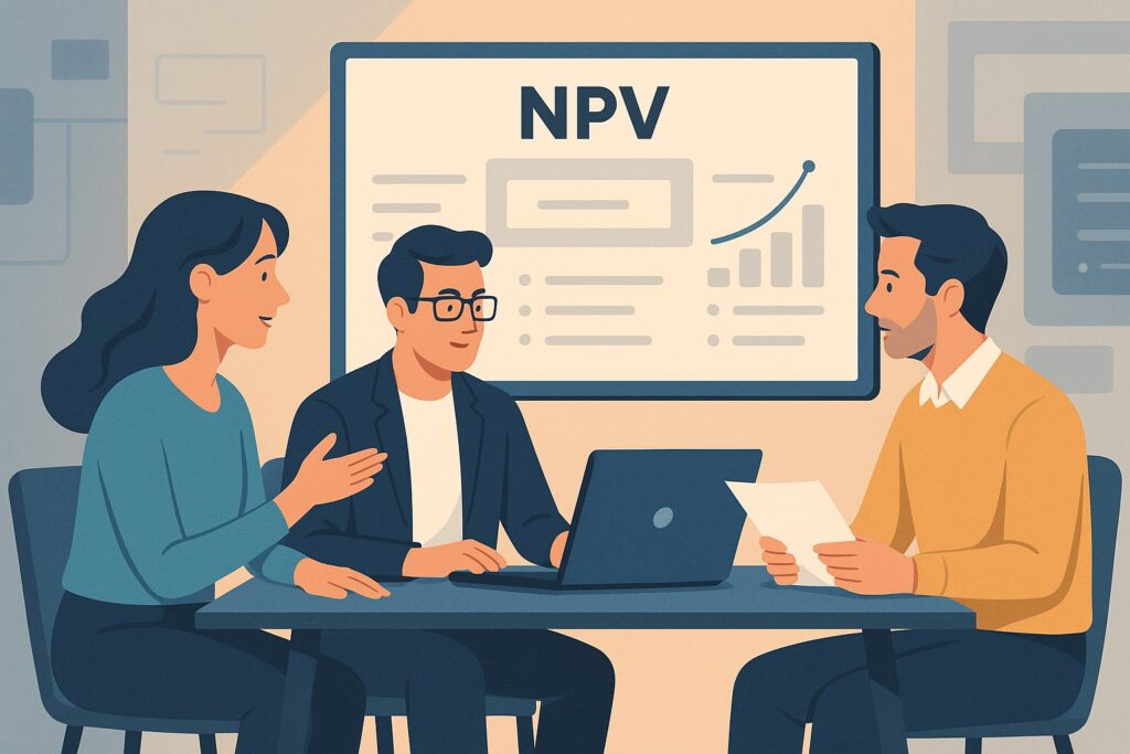 Net Present Value Modelling: From Vanity Metrics to Real Profitability Marketing and finance team analysing NPV modelling results