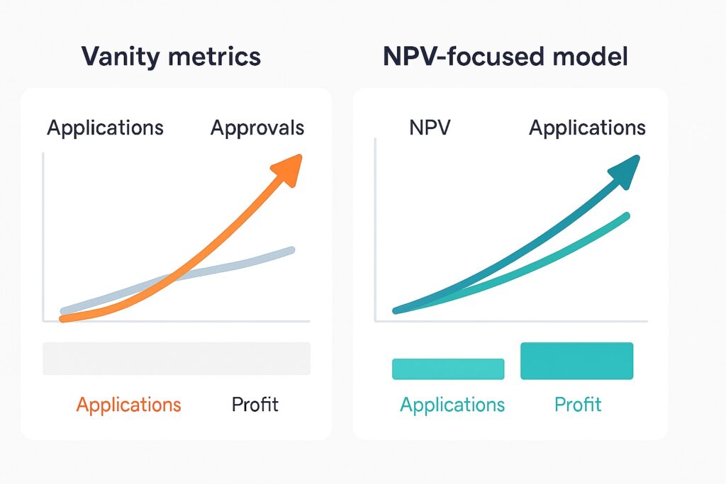 Net Present Value Modelling: From Vanity Metrics to Real Profitability NPV modelling vs vanity metrics comparison chart